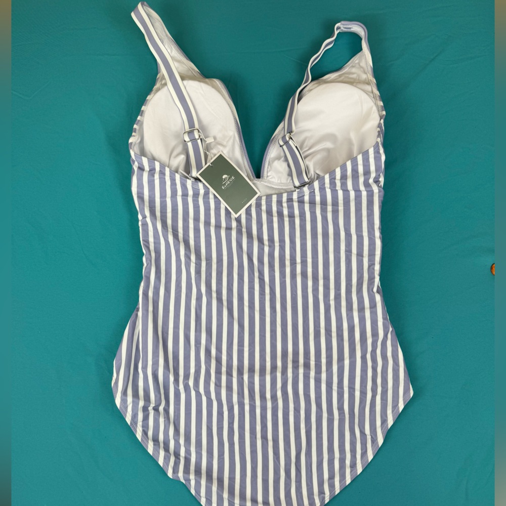 Eomenie Women’s One Piece Swimsuit Blue White Stripe V Neck Tummy Control NWT L - Picture 6 of 6